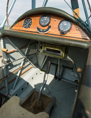 Historic aircraft biplane on runway, Historic aircraft cockpit, dashboard biplane, retro