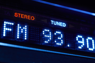 FM tuner radio display. Stereo digital frequency station tuned.