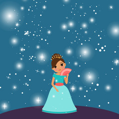 cartoon Beautiful princess with lights on the dark blue background. Vector illustration