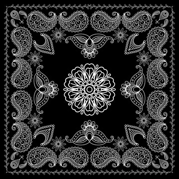 Black and White Bandana Print With Element Henna Style. Vector illustration
