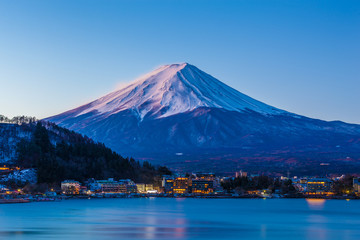 Mount Fuji at dawn from Lake Kawaguchi during winter