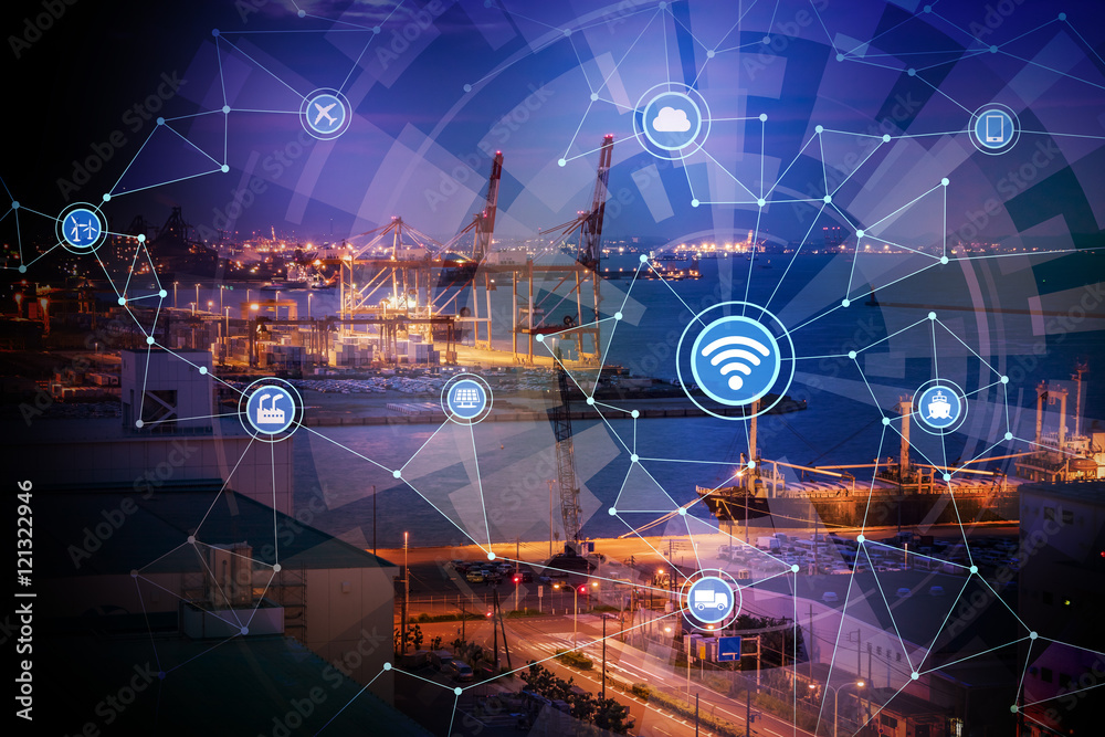 Poster smart factory and wireless communication network, internet of things, industry4.0, abstract image vi