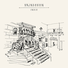 Courtyard of a  Hindu temple in Vrindavan, India. Holy city, sacred Krishna place. Vintage hand drawn postcard template