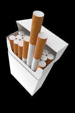 Blank cigarette pack design template 20s open with brown filter sticks isolated on black dynamic right angle