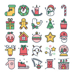 Vector colorful line icons with christmas symbols and objects.