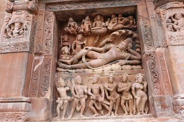Hindu lord Vishnu lying on serpant Sheshnaga on a wall of Dashavatara Vishnu Temple of 320-600 AD, is one of the earliest Hindu stone temples to still survive today.