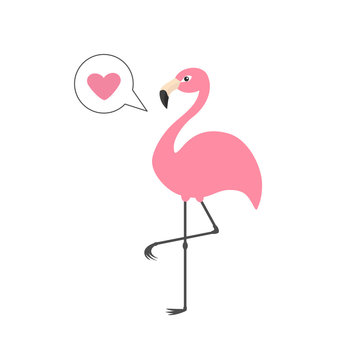 Pink flamingo on one leg. Talk think bubble with heart. Exotic tropical bird. Zoo animal collection. Cute cartoon character. Decoration element. Flat design. White background. Isolated.