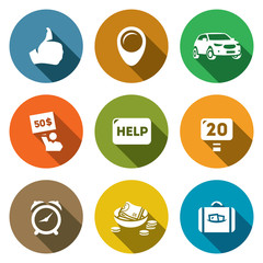 Vector Set of Hitchhiking tourism Icons. Thumb, place, Car, Price, Help, Road, Time, Low Cost, Luggage.