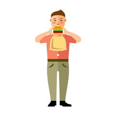 Vector Happy hipster man with hamburger. Flat style colorful Cartoon illustration.