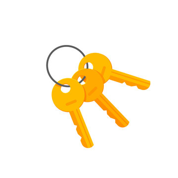 Keys door or padlock on key ring vector illustration isolated on white background, bunch of golden keys on keyring flat cartoon style modern design clipart