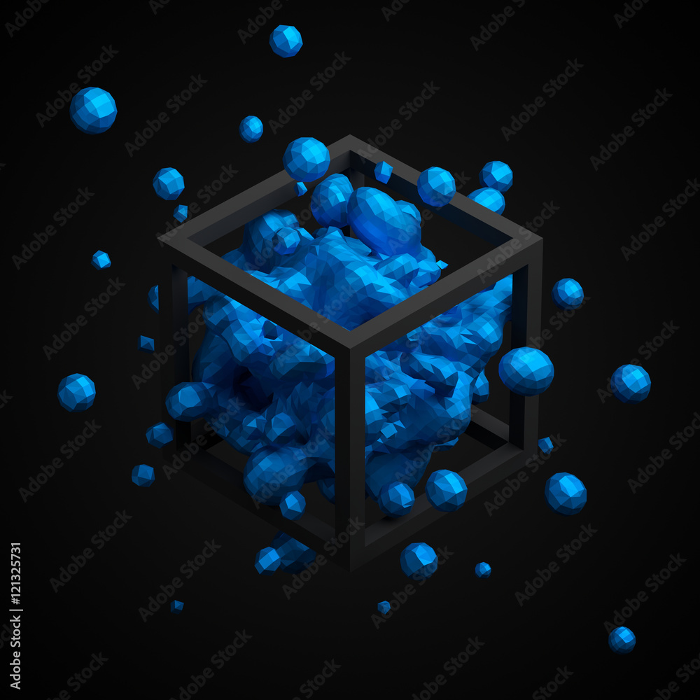 Poster abstract 3d rendering of chaotic low poly liquid in cube. background with dynamic polygonal fluid sp