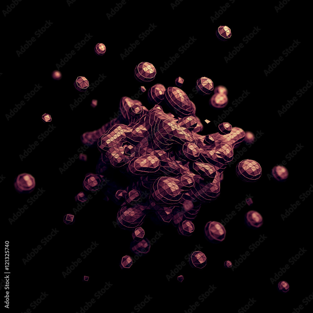Poster abstract 3d rendering of chaotic low poly liquid. background with dynamic polygonal fluid splash. de
