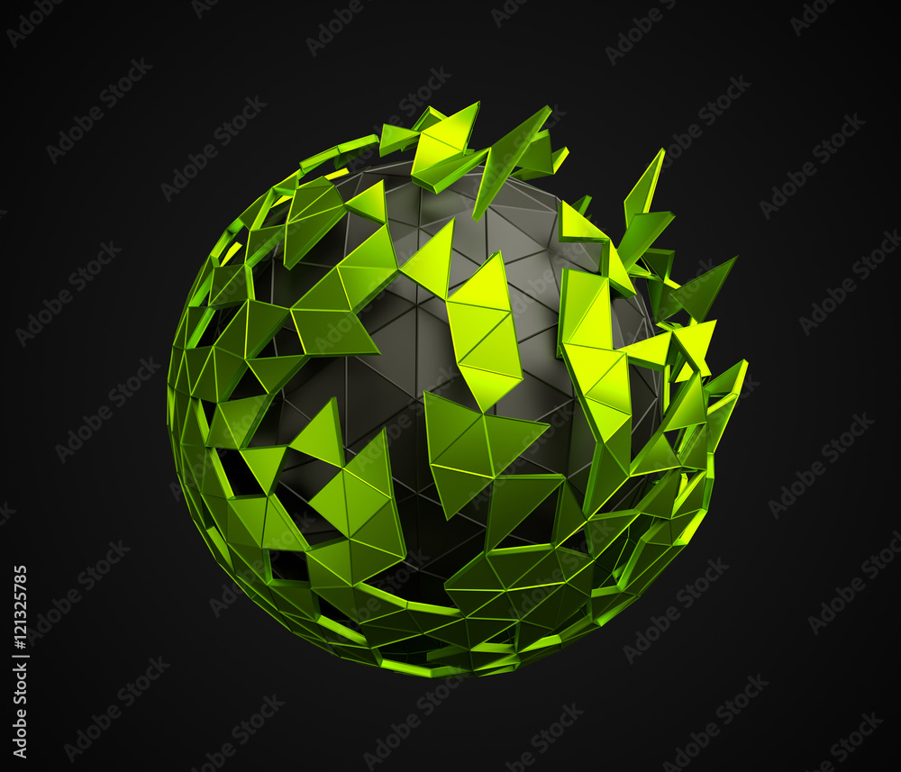Poster abstract 3d rendering of low poly sphere with chaotic structure. sci-fi background with polygonal sh