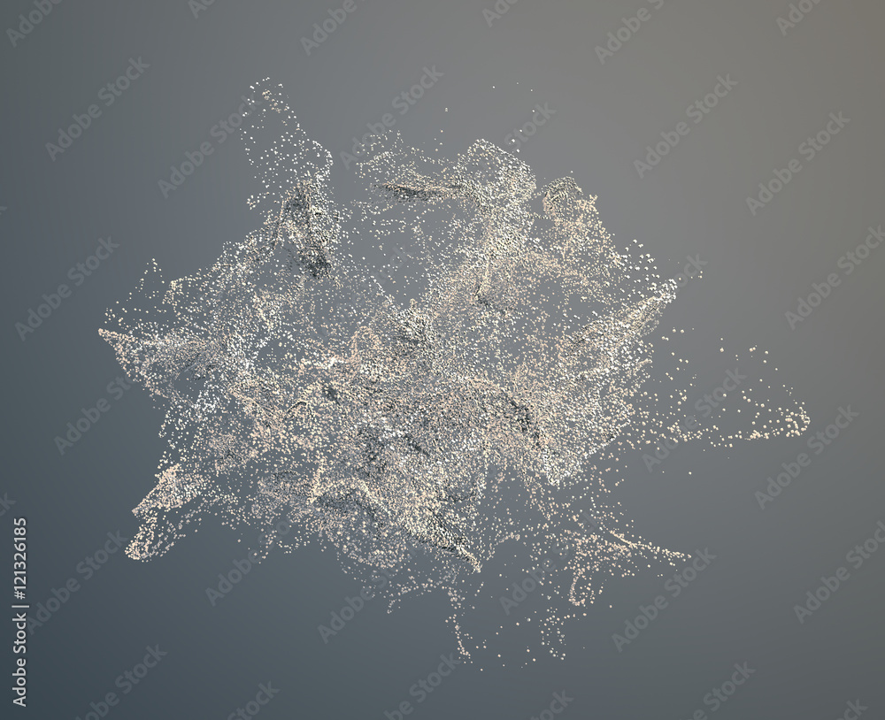 Poster abstract 3d rendering of chaotic particles. flying cubes in empty space. dynamic shape. futuristic b