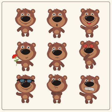 Vector set isolated emotion teddy bear. Collection cute bears in cartoon style.