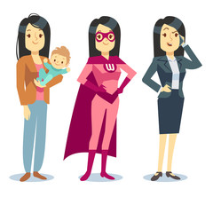 Fototapeta premium Super woman in superhero costume, mom with baby, businesswoman balancing vector concept