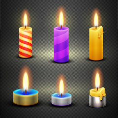 Different candles with flame vector set isolated on checkered transparent backdrop