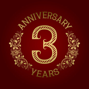 Golden Emblem Of Third Anniversary. Celebration Patterned Sign On Red.