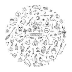 Hand drawn doodle Happy Halloween icons set. Vector illustration. Holiday symbols collection. Cartoon various sketch elements: pumpkin, ghost, castle, bat, candy, witches cauldron, zombie hand, skull