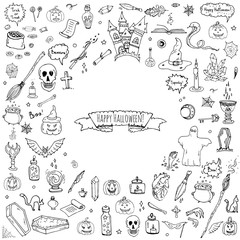 Hand drawn doodle Happy Halloween icons set. Vector illustration. Holiday symbols collection. Cartoon various sketch elements: pumpkin, ghost, castle, bat, candy, witches cauldron, zombie hand, skull