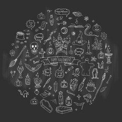 Hand drawn doodle Happy Halloween icons set. Vector illustration. Holiday symbols collection. Cartoon various sketch elements: pumpkin, ghost, castle, bat, candy, witches cauldron, zombie hand, skull