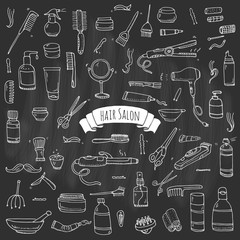 Hand drawn doodle Hair salon icons set. Vector illustration. Barber symbols collection. Cartoon hairdressing equipment elements: shampoo, mask, hair die, scissors, iron, curlers, dryer, razor.
