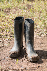 Dirty rubber boots in farm.