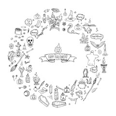 Fototapeta premium Hand drawn doodle Happy Halloween icons set. Vector illustration. Holiday symbols collection. Cartoon various sketch elements: pumpkin, ghost, castle, bat, candy, witches cauldron, zombie hand, skull