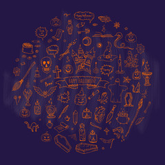 Hand drawn doodle Happy Halloween icons set. Vector illustration. Holiday symbols collection. Cartoon various sketch elements: pumpkin, ghost, castle, bat, candy, witches cauldron, zombie hand, skull