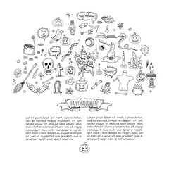 Hand drawn doodle Happy Halloween icons set. Vector illustration. Holiday symbols collection. Cartoon various sketch elements: pumpkin, ghost, castle, bat, candy, witches cauldron, zombie hand, skull