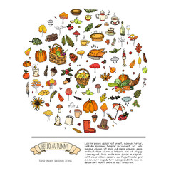 Hand drawn doodle Autumn icons set. Vector illustration. Fall symbols collection. Cartoon various seasonal elements: turkey, harvest, vegetables, pumpkin pie, leaves, trees, hot tea, wine, mushrooms
