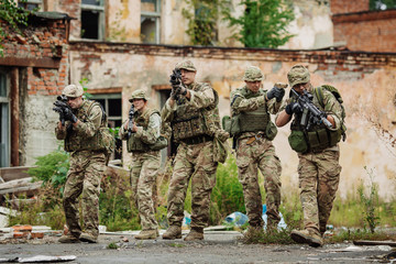 Army sniper team during the military operation in the city. war,