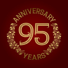 Golden emblem of ninety fifth anniversary. Celebration patterned sign on red.