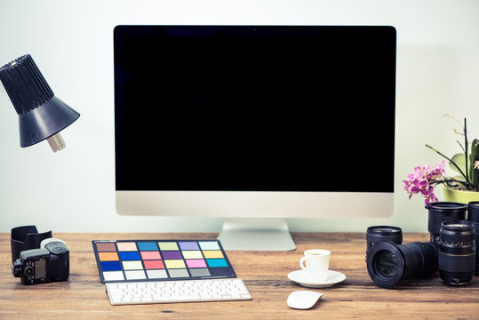 professional photographer desk with equipment