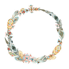 Watercolor wreath with geometric feathers and tribal elements  isolated on white background. Bohemian design. Patterned elements in trendy tribal style.