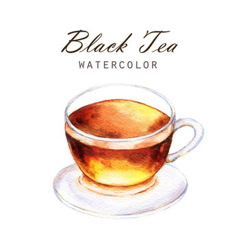 Hand-drawn watercolor illustration of the tea. Cup of the black tea isolated on the white background.