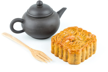 Mooncake and tea for the Chinese Mid Autumn festival, on white background