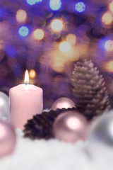 Obraz na płótnie Canvas festive glitter background, christmas balls, fir cones and candl