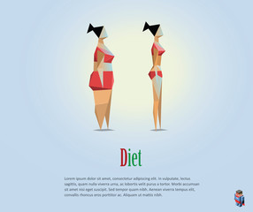 Vector polygonal illustration of diet, fat and slim girl 