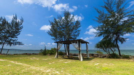 Tent on a lawn at the coast