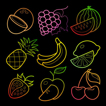Neon line art colorful fruit icons set on black background