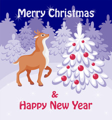 Fototapeta na wymiar Merry Christmas greeting card with the image of a fairy-tale winter forest, Christmas tree and fawn