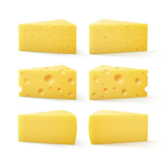 Set of Triangular Pieces of Various Kind of Swiss Cheese Close up Isolated on White Background