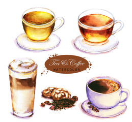 Hand-drawn watercolor illustration of the tea and coffee. Cup of the black and green tea, coffee espresso and latte isolated on the white background.