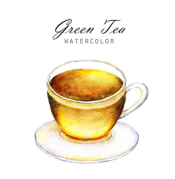 Hand-drawn watercolor illustration of the tea. Cup of the green tea isolated on the white background.