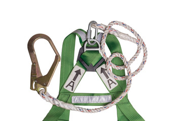 fall protection harness and lanyard for work at heights on white