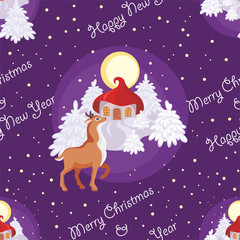 Christmas seamless pattern with the image of a fairy-tale winter forest, small houses and fawns