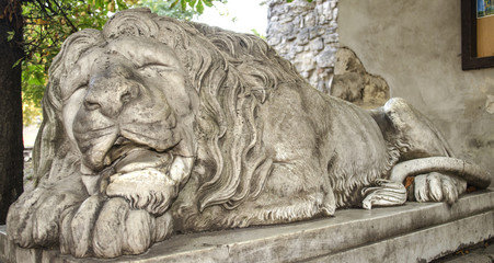 an ancient marble sculpture of sleeping lion
