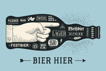 Bottle of beer with hand drawn lettering and text Bier Hier for Oktoberfest Beer Festival. Vintage drawing for bar, pub, beer themes. Isolated black bottle of beer with lettering. Vector Illustration