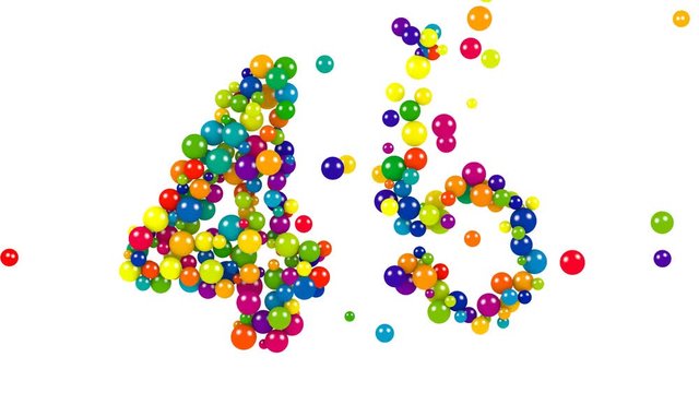Number 45 over white background in red, purple, blue, yellow, green and orange balls over white background